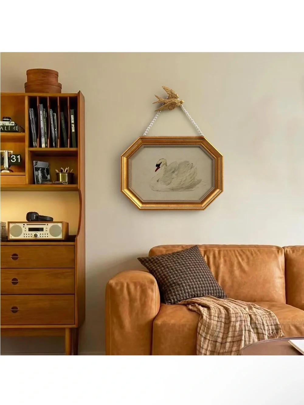 Gold Octagonal Framed Swan Art with Pearl Bead Hanger